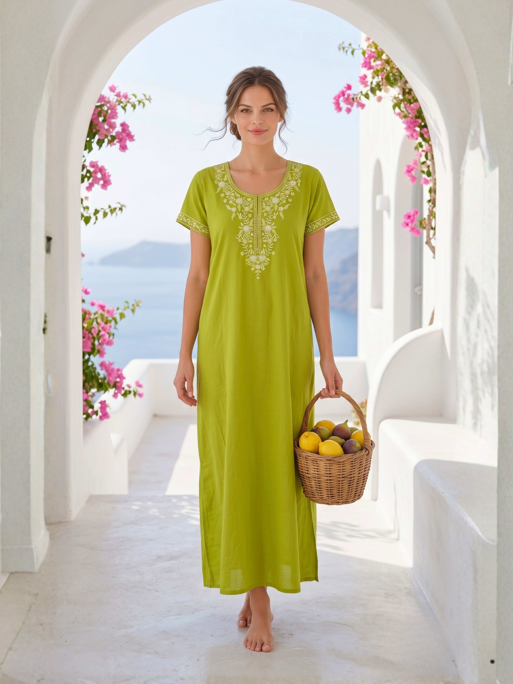 Aura Pistachio Green Bloom Embroidered Nightgown
