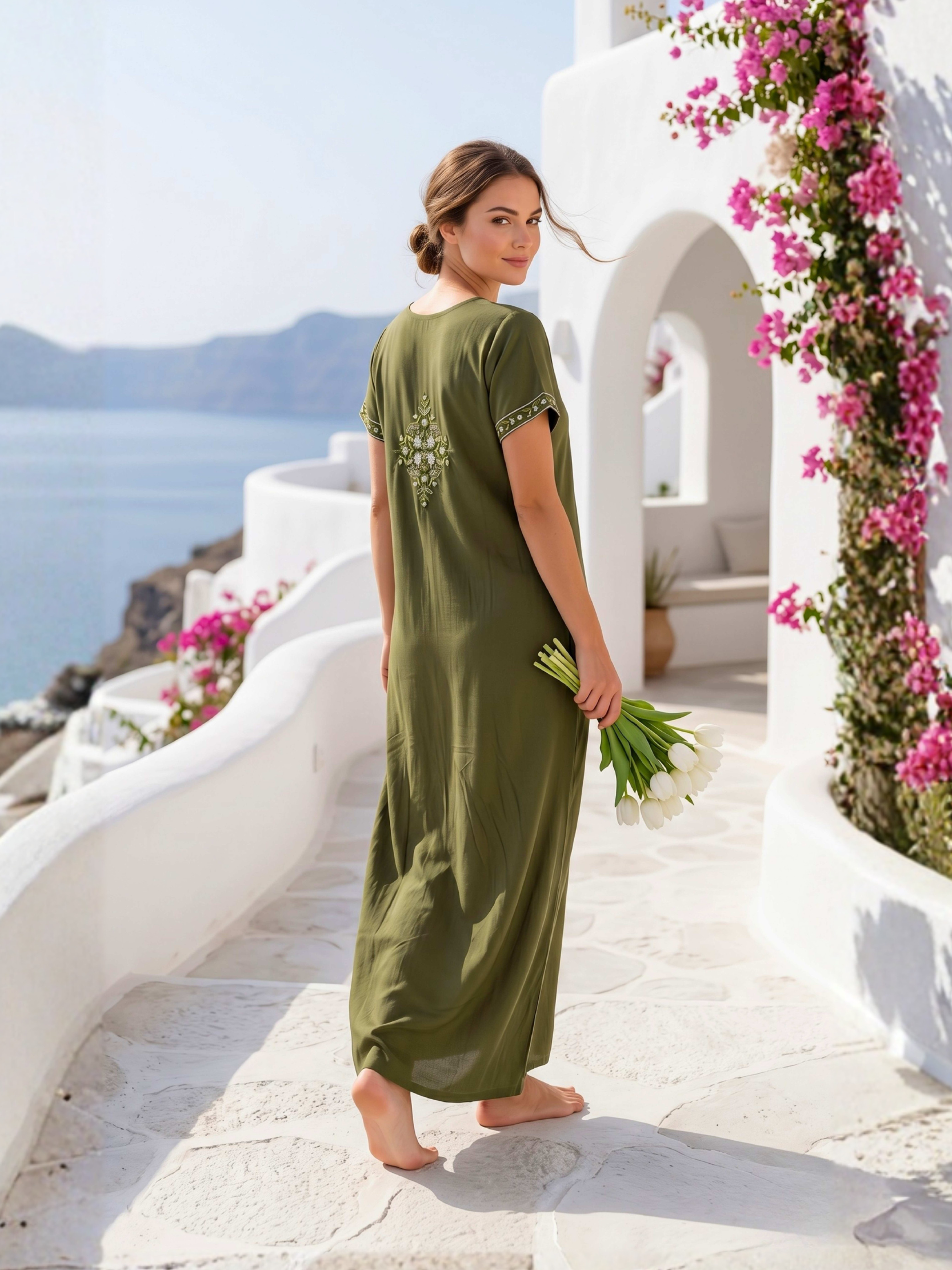 Aura Sage Green Bloom Embroidered Nightgown