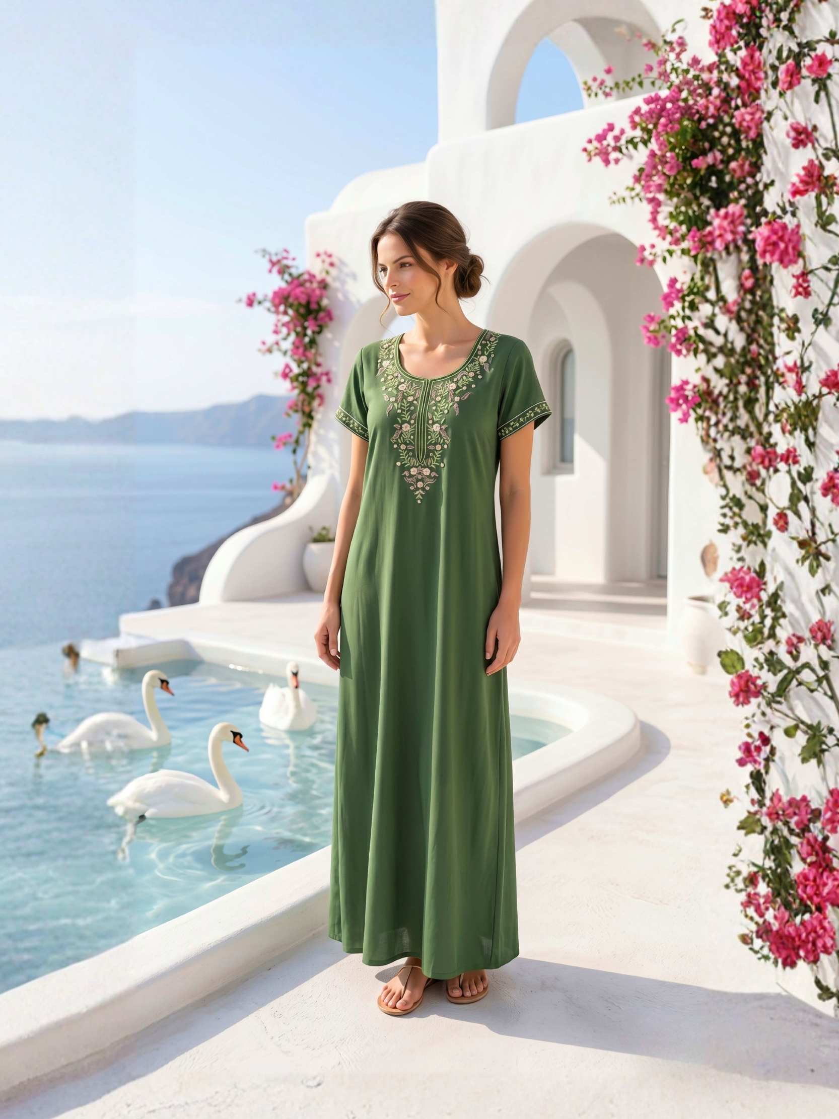 Aura Forest Green Bloom Embroidered Nightgown