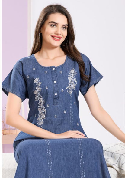Olivia Dark Denim Embroidered Nightgown