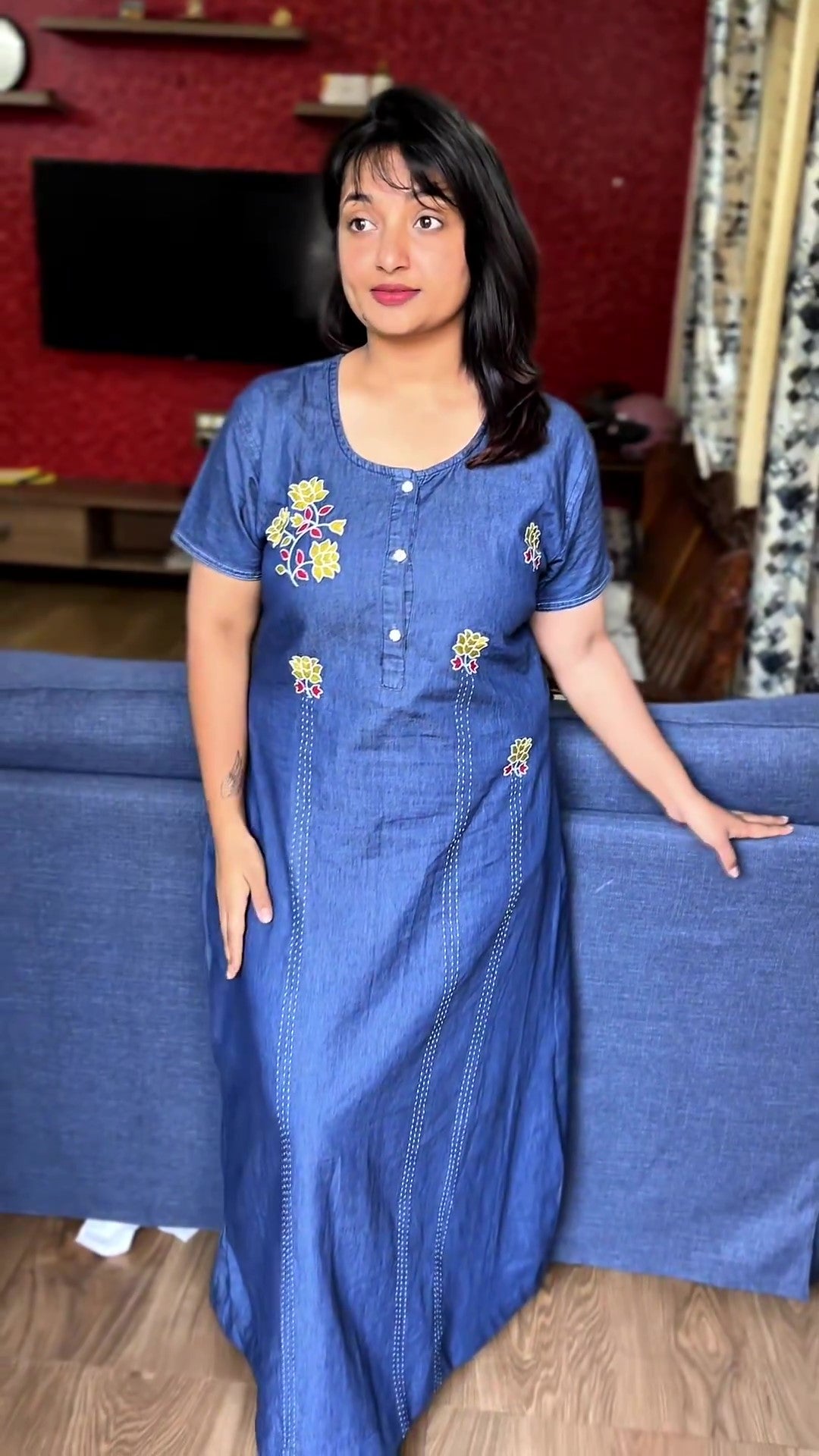 Freya Dark Denim Embroidered Nightgown