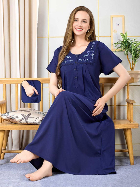Lisa Navy Blue Thread Embroidered Nightgown