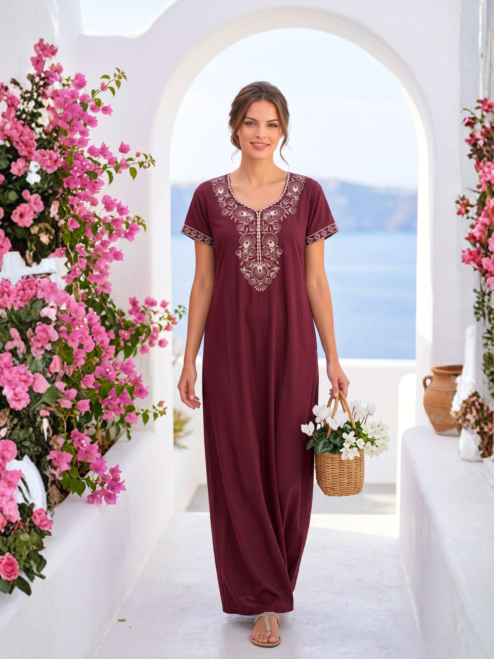 Lumina Cherry Red Ornate Embroidered Nightgown