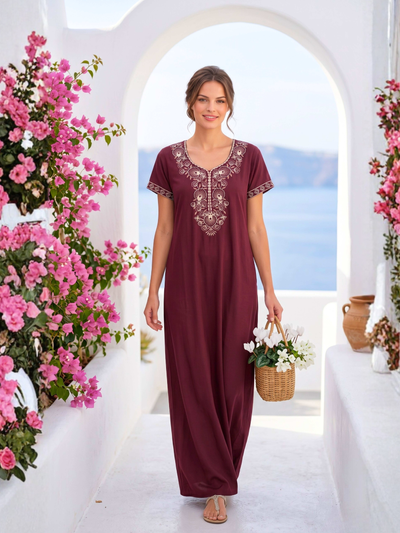 Lumina Cherry Red Ornate Embroidered Nightgown