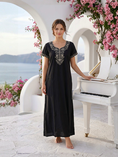 Lumina Deep Black Ornate Embroidered Nightgown