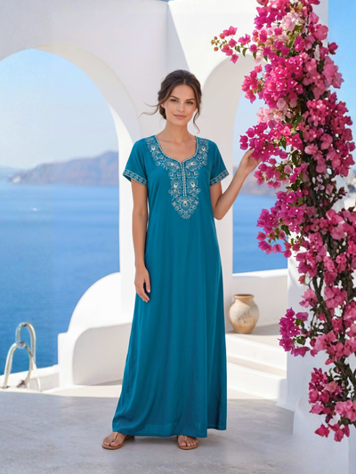 Lumina Turquoise Blue Ornate Embroidered Nightgown