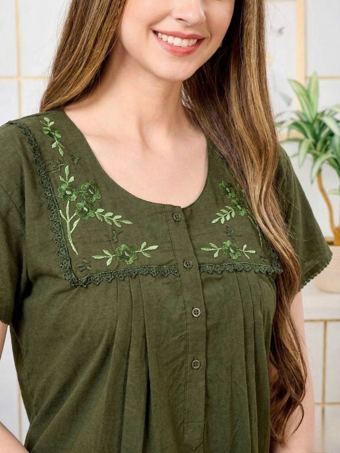 Lisa Olive Green Thread Embroidered Nightgown