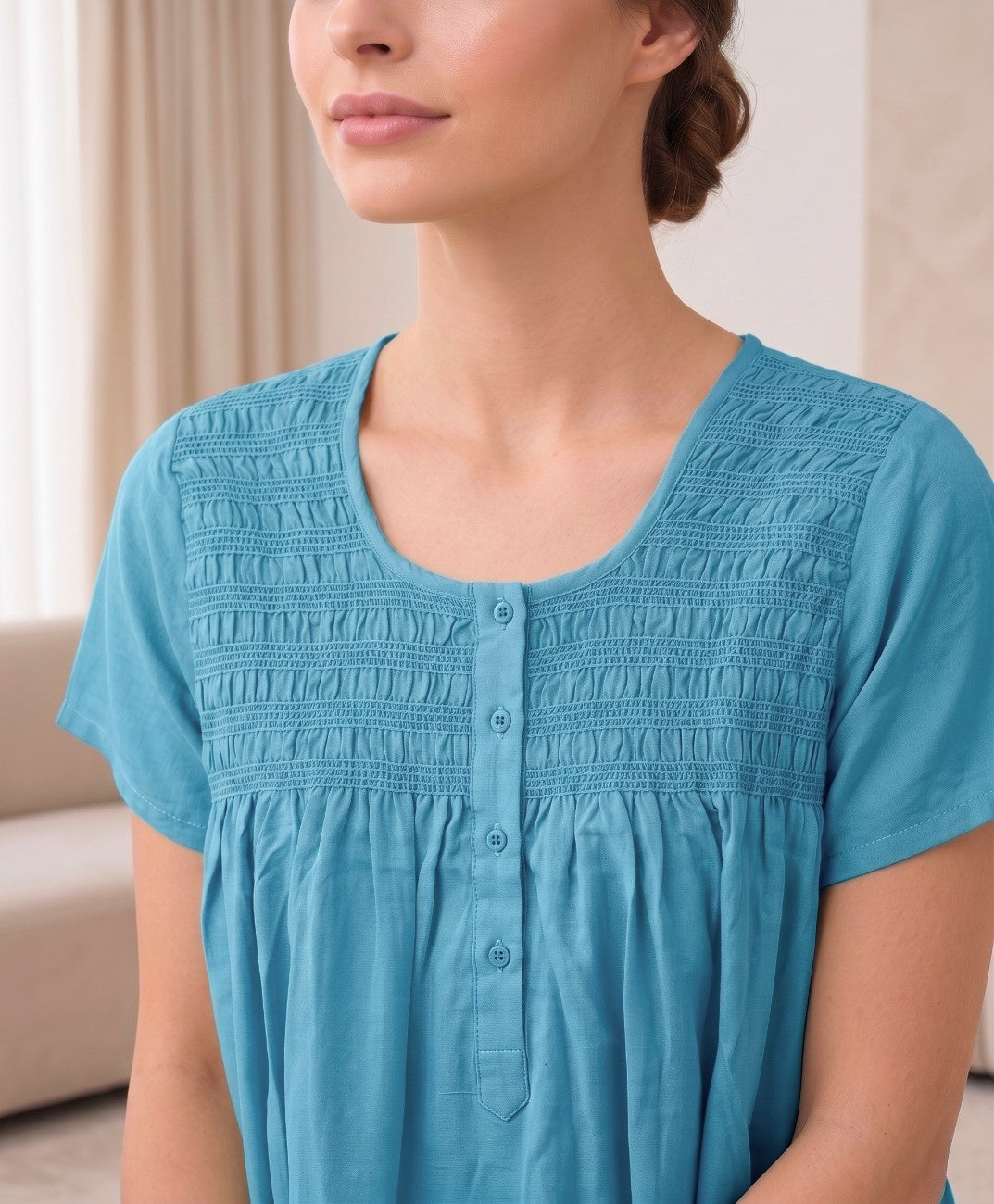 RUBY AQUA BLUE SMOCKED NIGHTGOWN