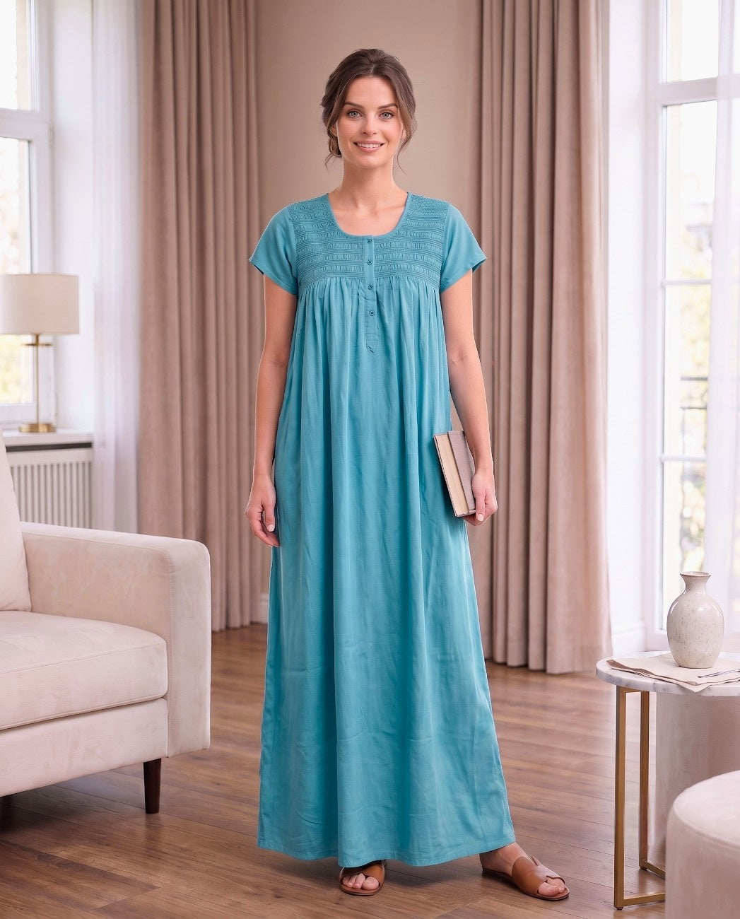RUBY AQUA BLUE SMOCKED NIGHTGOWN