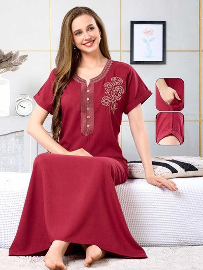 Zaria Wine Red Floral Embroidered Nightgown