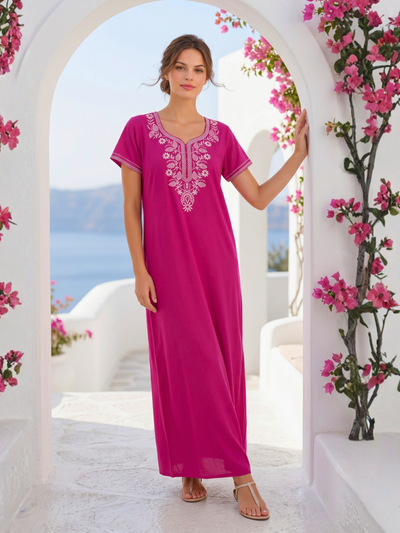 Zeva Fuchsia Pink Folk Embroidered Nightgown
