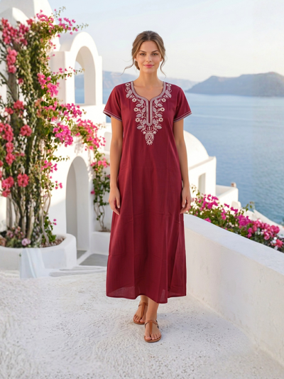 Zeva Maroon Folk Embroidered Nightgown