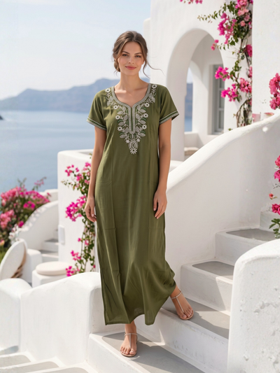 Zeva Olive Green Folk Embroidered Nightgown