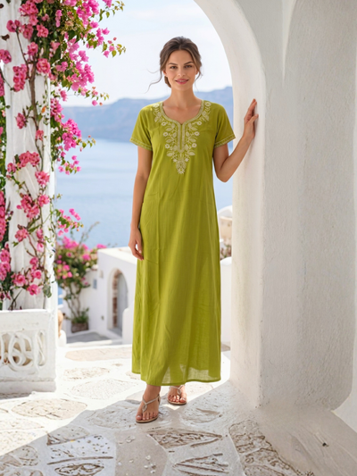 Zeva Pistachio Green Folk Embroidered Nightgown