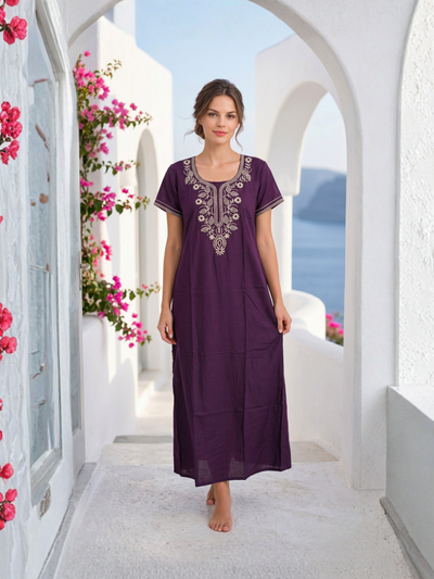 Zeva Purple Folk Embroidered Nightgown