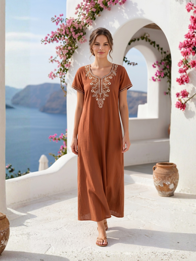 Zeva Rust Brown Folk Embroidered Nightgown
