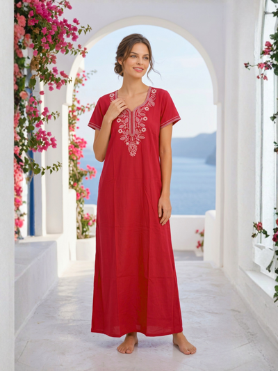 Zeva Scarlet Red Folk Embroidered Nightgown